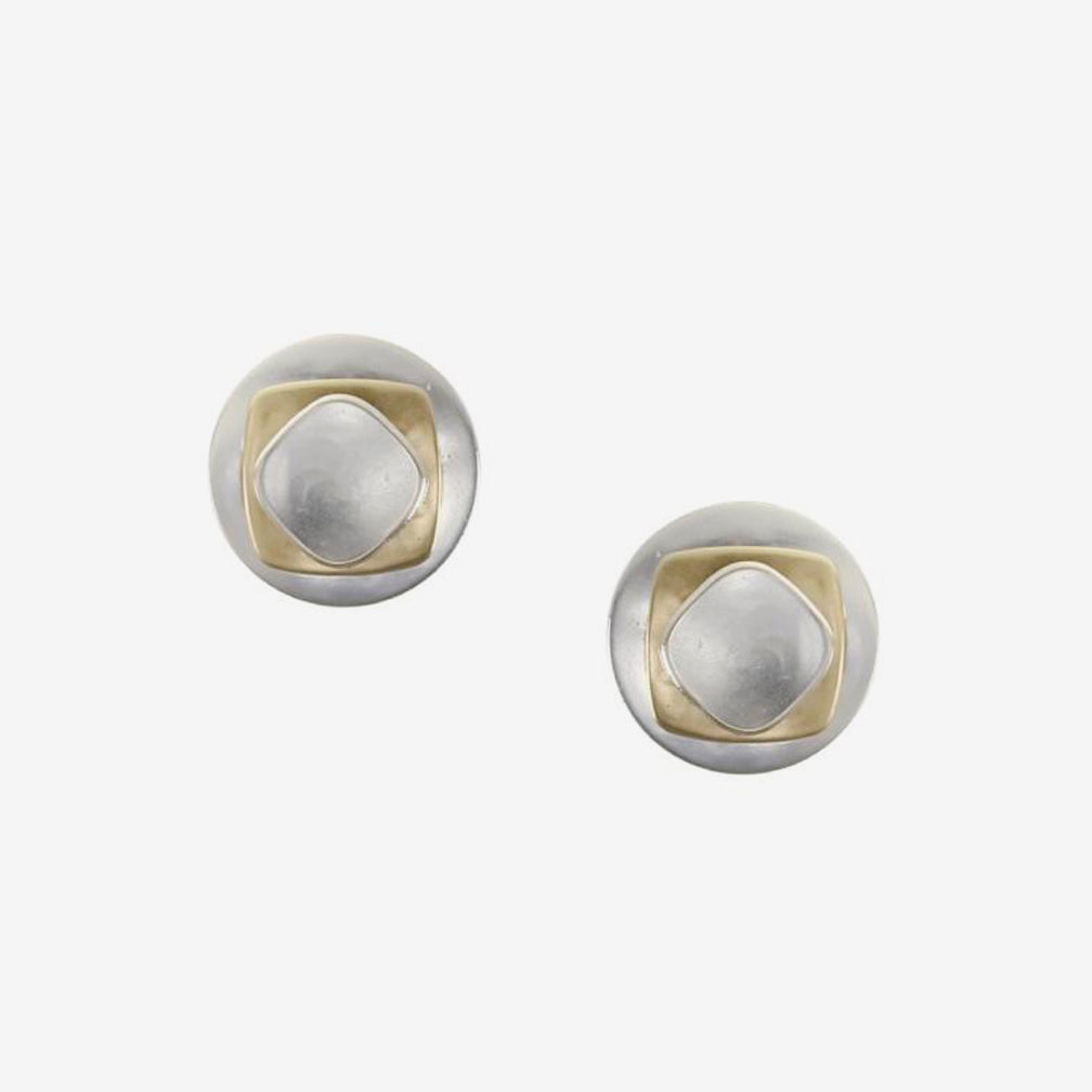 Marjorie Baer Post Earrings: Domed Disc with Stacked Rounded Squares