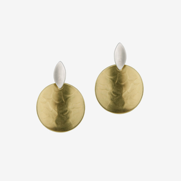 Marjorie Baer Post Earrings: Small Concave Pointed Oval with Disc: Brass and Silver