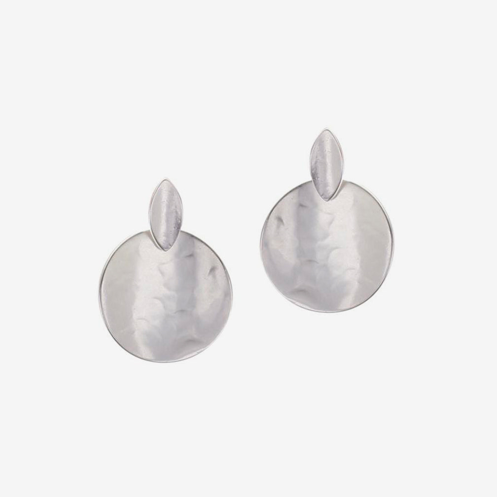 Marjorie Baer Post Earrings: Small Concave Pointed Oval with Disc: Silver