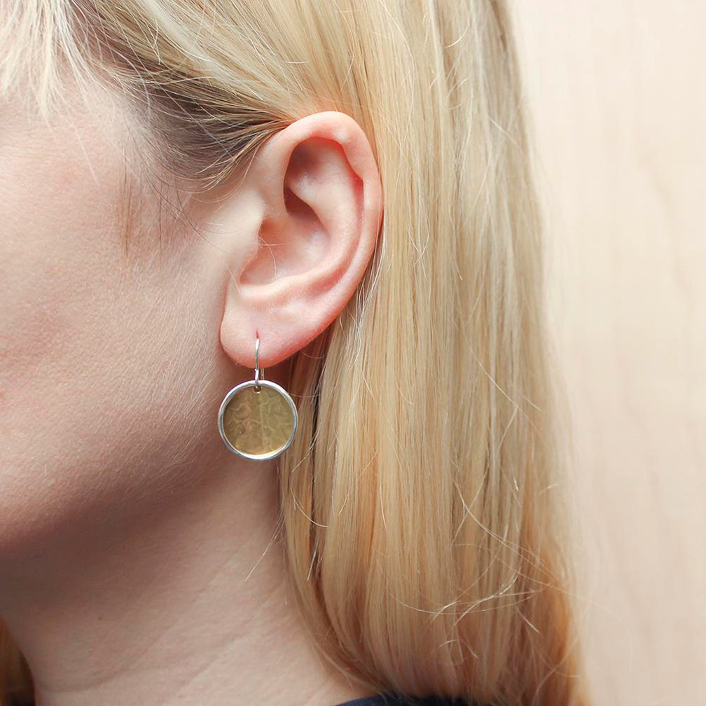Marjorie Baer Wire Earrings: Concave Disc with Ring, Brass and Silver