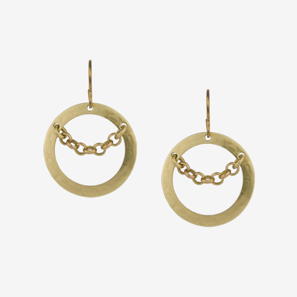 Marjorie Baer Wire Earrings: Small Wide Ring with Chain, Brass