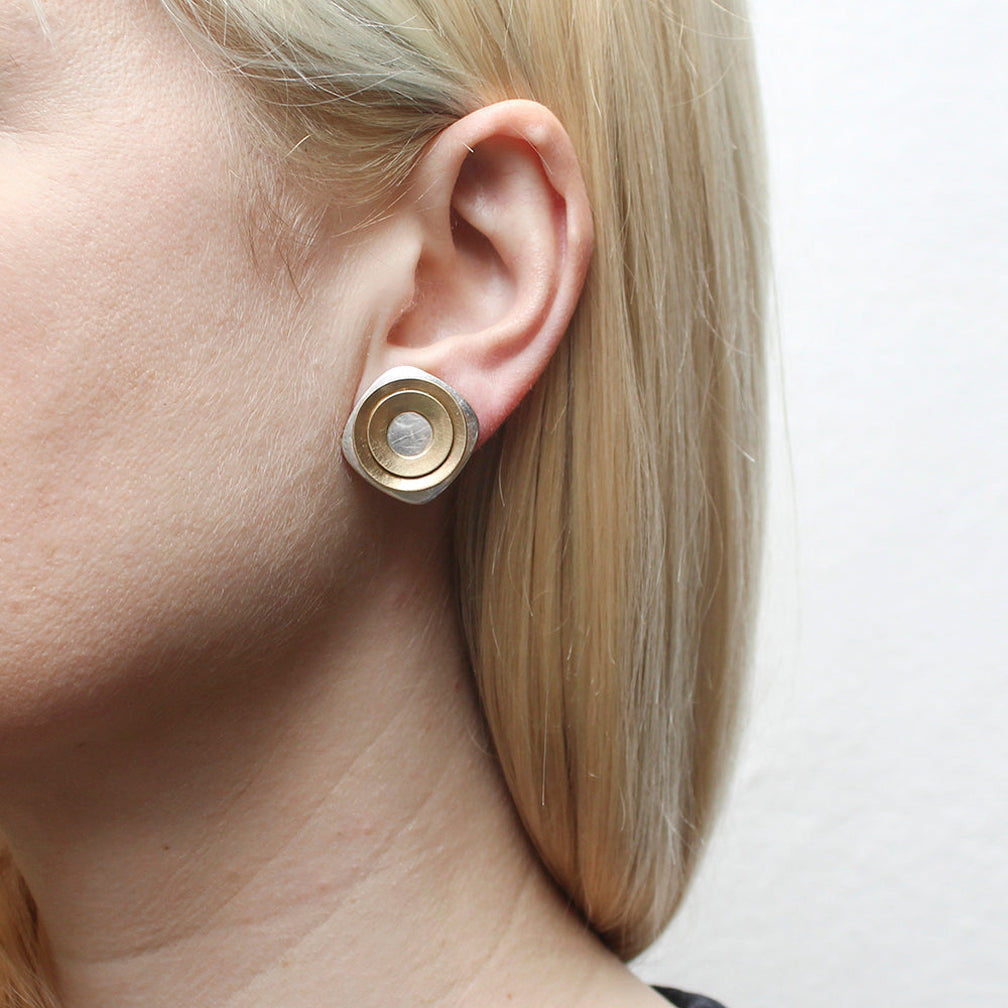 Marjorie Baer Post Earrings: Small Rounded Square with Layered Wide Rings