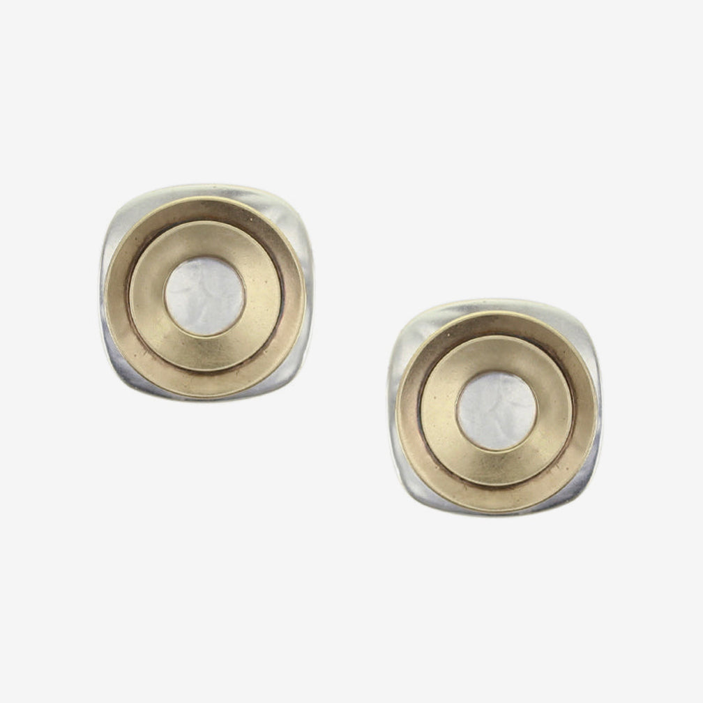 Marjorie Baer Clip Earrings: Small Rounded Square with Layered Wide Rings