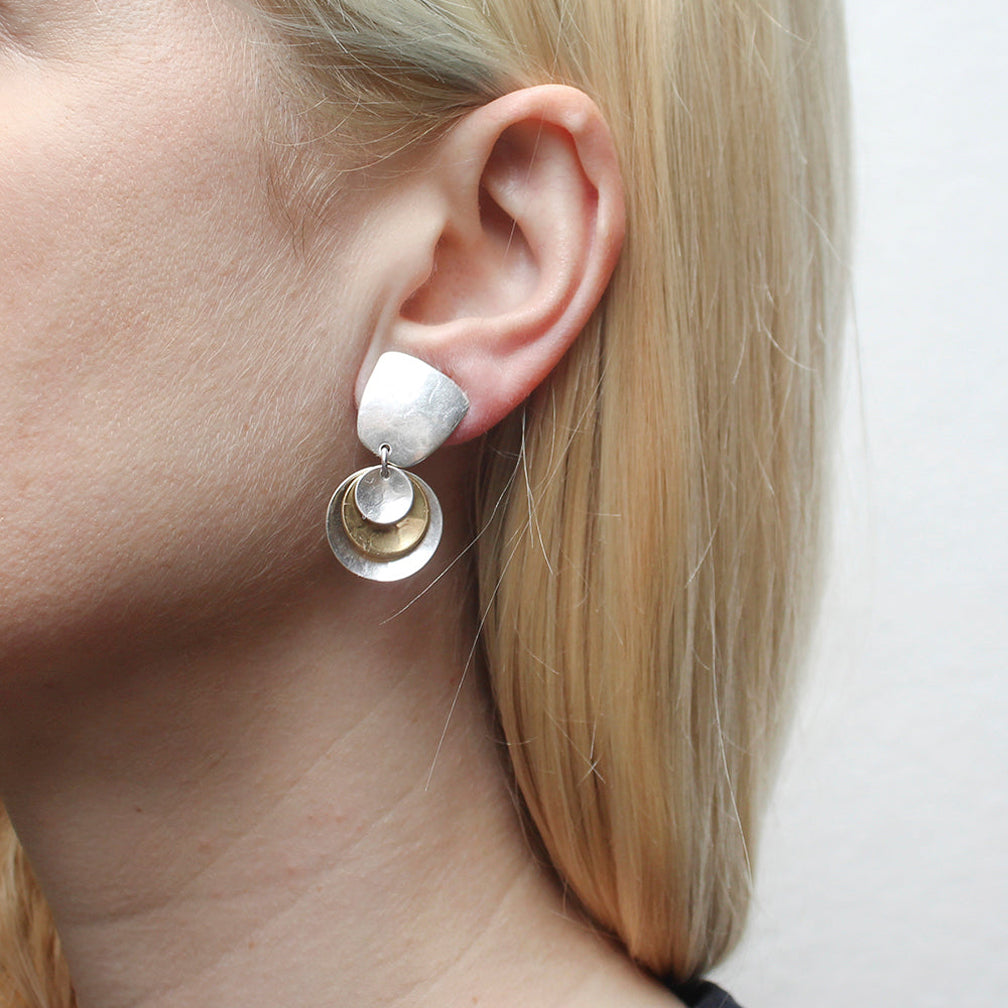 Marjorie Baer Post Earrings: Tapered Square with Tiered and Layered Dished Discs