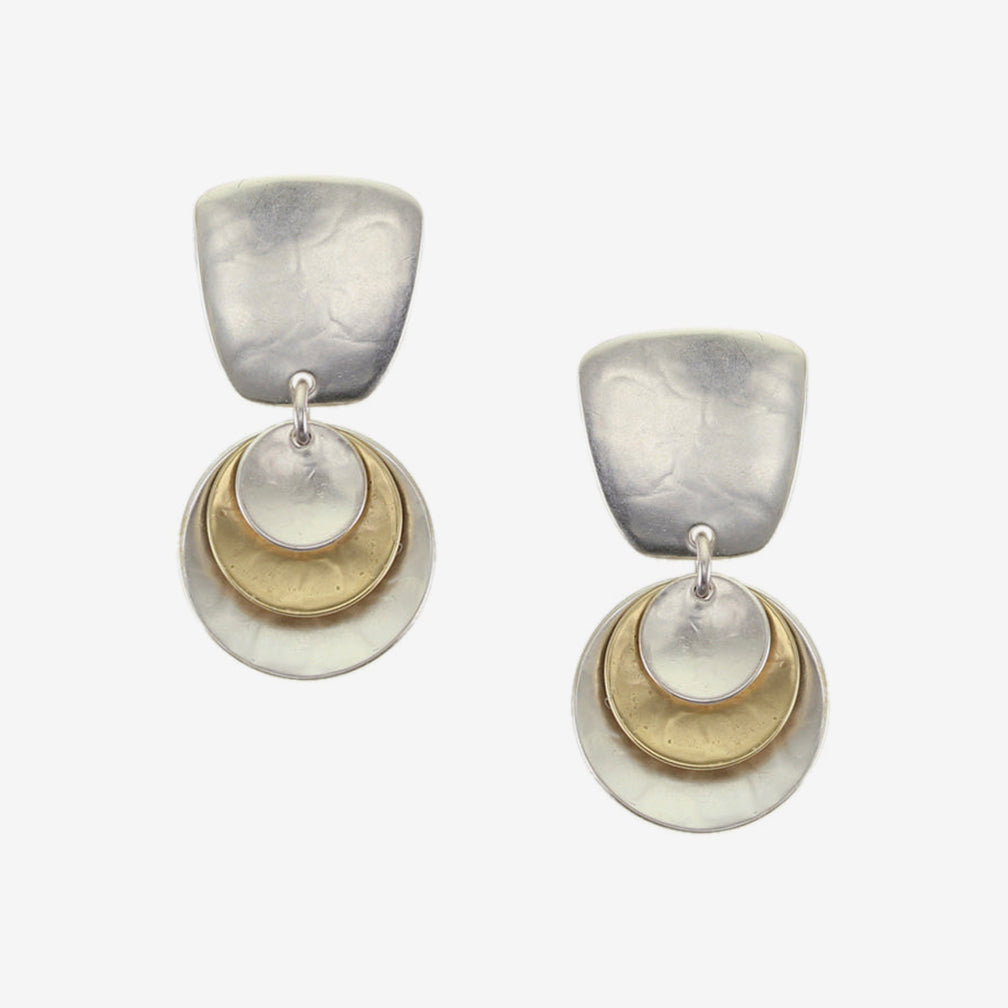 Marjorie Baer Post Earrings: Tapered Square with Tiered and Layered Dished Discs