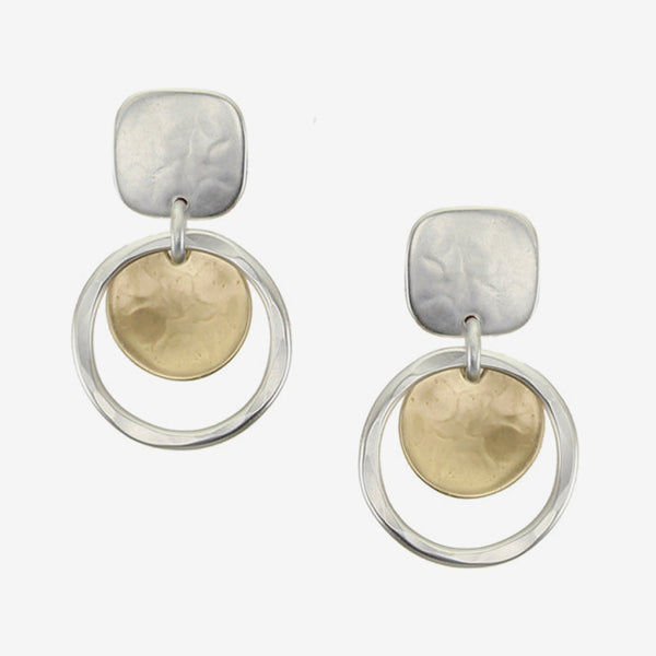 Marjorie Baer Post Earrings: Rounded Square with Ring and Dished Disc