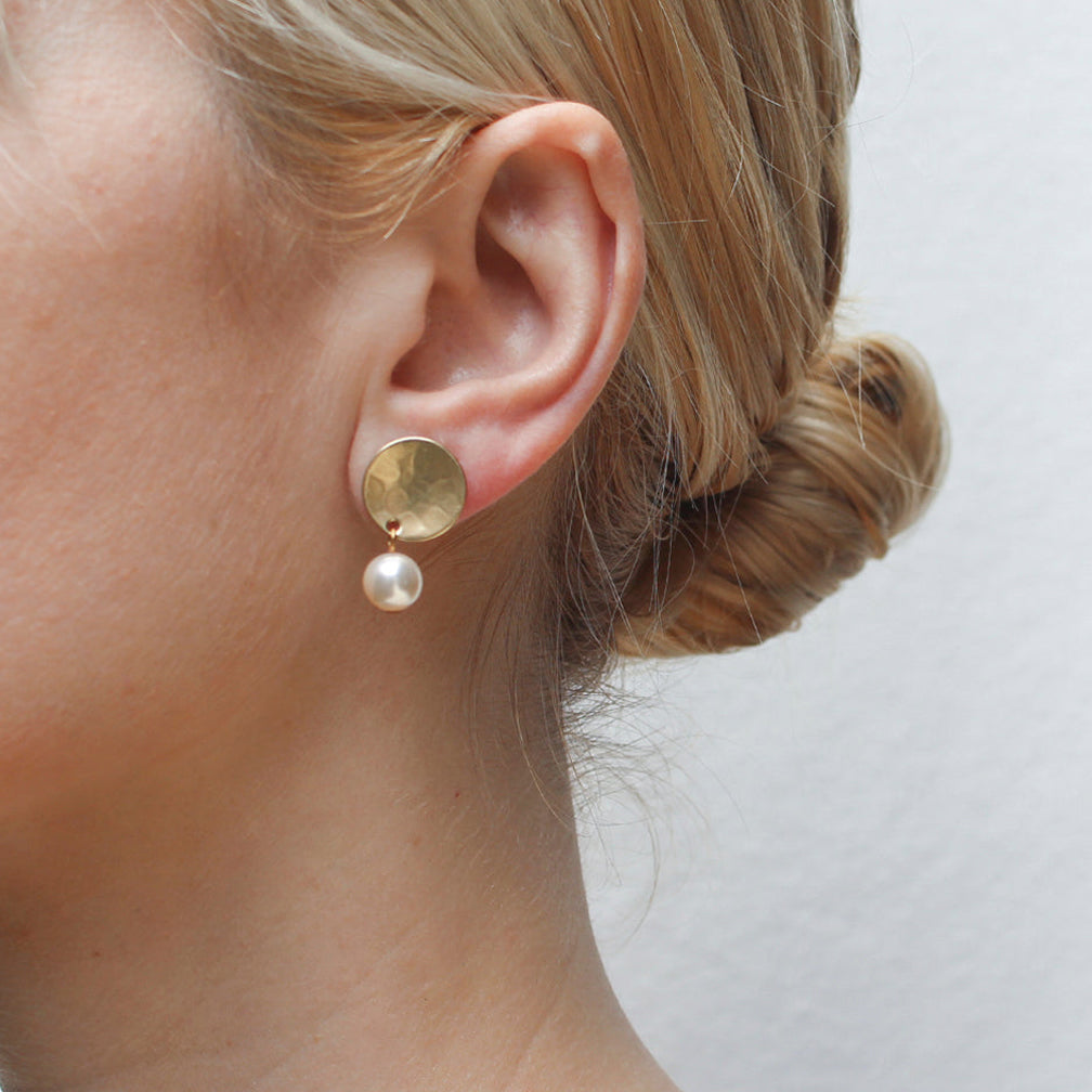 Marjorie Baer Post Earrings: Disc with Hanging Pearl, Brass