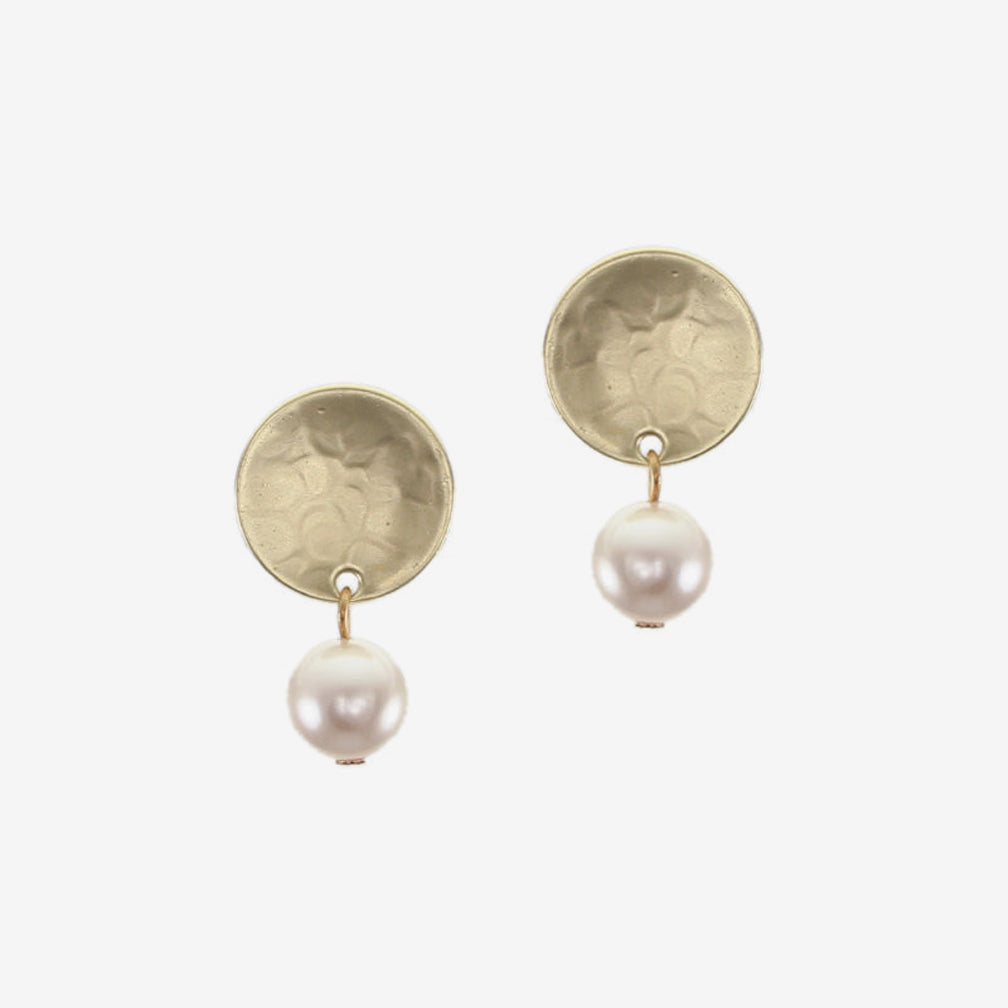 Marjorie Baer Post Earrings: Disc with Hanging Pearl, Brass