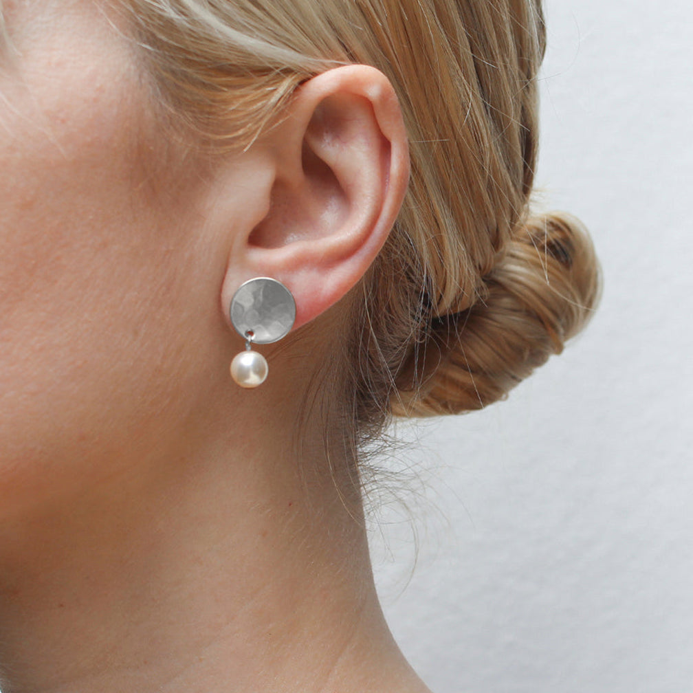 Marjorie Baer Post Earrings: Disc with Hanging Pearl, Silver