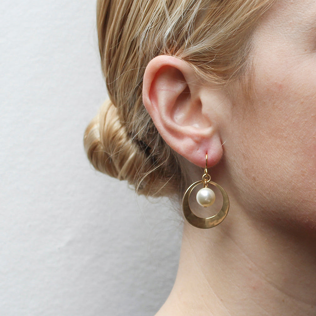 Marjorie Baer Wire Earrings: Cutout Medium Disc with Cream Pearl Drop, Brass