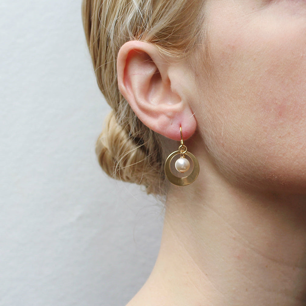 Marjorie Baer Wire Earrings: Cutout Small Disc with Cream Pearl Drop, Brass