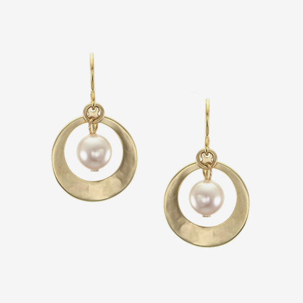 Marjorie Baer Wire Earrings: Cutout Small Disc with Cream Pearl Drop, Brass