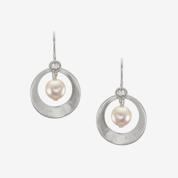 Marjorie Baer Wire Earrings: Cutout Small Disc with Cream Pearl Drop, Silver