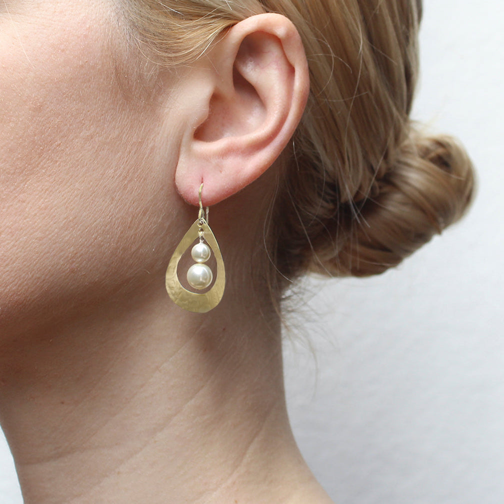 Marjorie Baer Wire Earrings: Teardrop with Graduated Cream Pearls, Brass