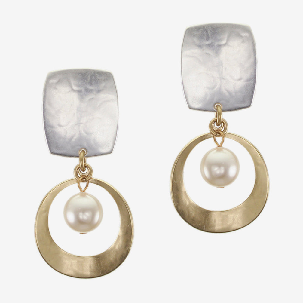 Marjorie Baer Post Earrings: Rounded Rectangle Linked with Concave Cutout Disc with Cream Pearl Drop