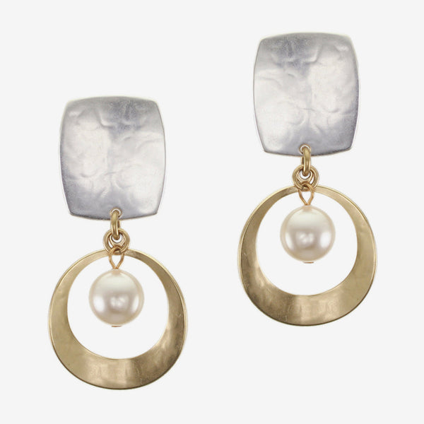 Marjorie Baer Clip Earrings: Rounded Rectangle with Cutout Disc with Cream Pearl Drop