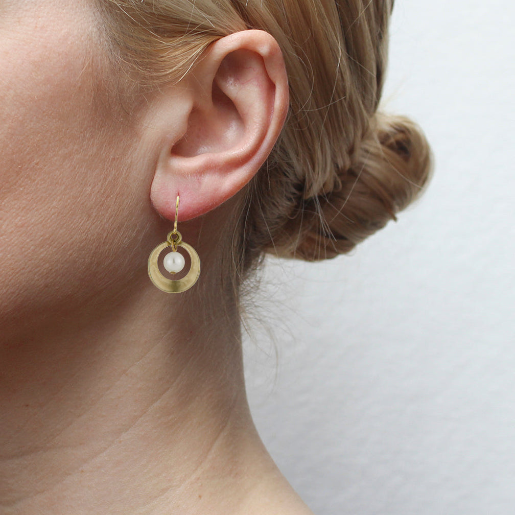 Marjorie Baer Wire Earrings: Cutout Extra Small Disc with Cream Pearl Drop, Brass