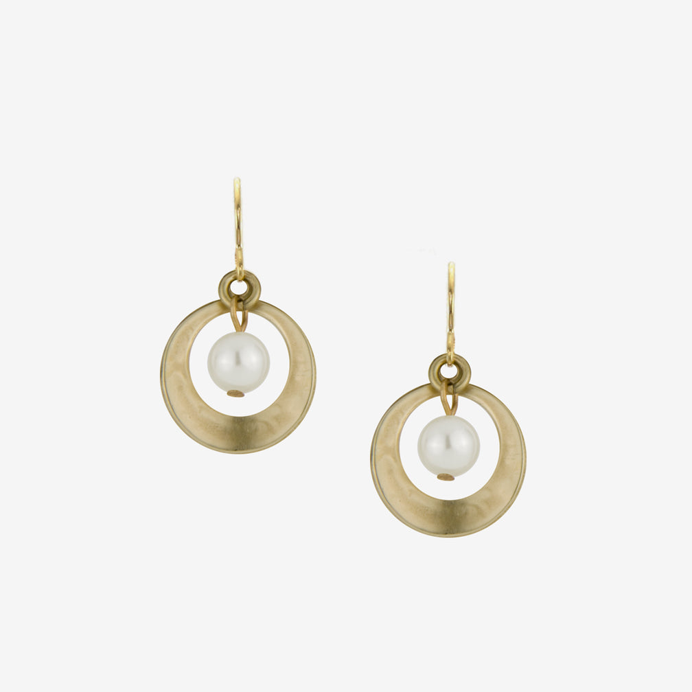 Marjorie Baer Wire Earrings: Cutout Extra Small Disc with Cream Pearl Drop, Brass