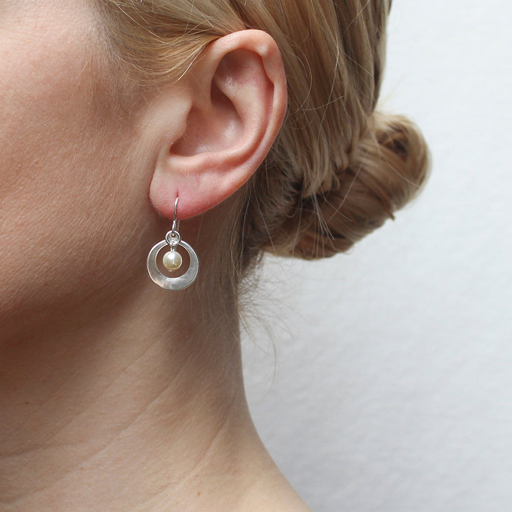 Marjorie Baer Wire Earrings: Cutout Extra Small Disc with Cream Pearl Drop, Silver