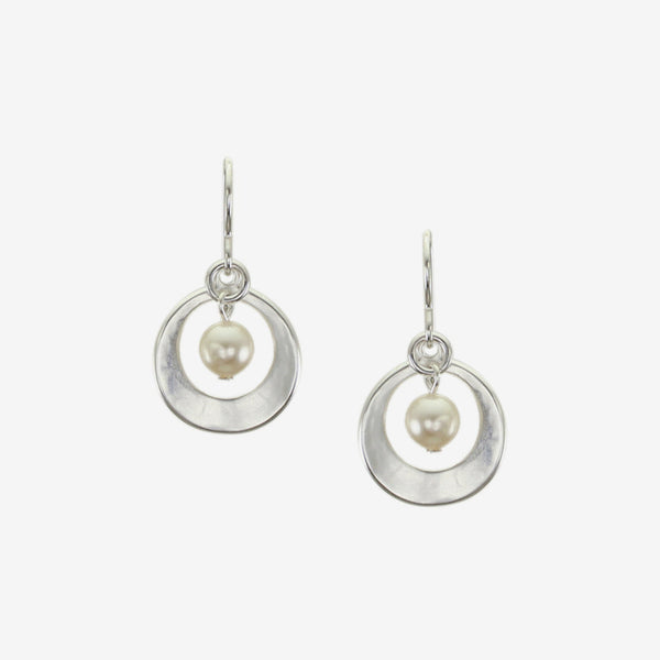 Marjorie Baer Wire Earrings: Cutout Extra Small Disc with Cream Pearl Drop, Silver