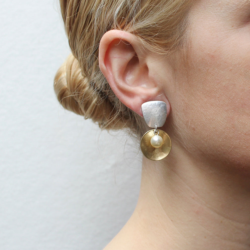 Marjorie Baer Post Earrings: Tapered Square and Disc with Cream Pearl Drop