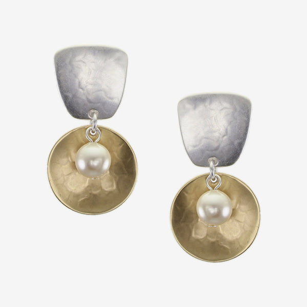 Marjorie Baer Clip Earrings: Tapered Square and Disc with Cream Pearl Drop