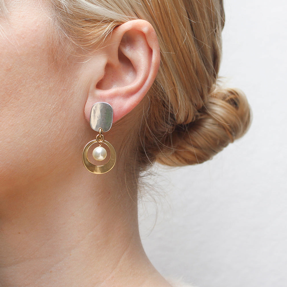 Marjorie Baer Post Earrings: Oval and Cutout Disc with Cream Pearl Drop