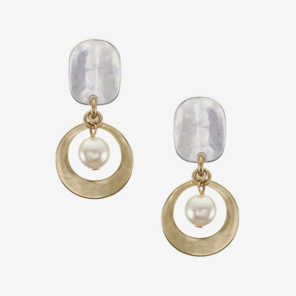 Marjorie Baer Post Earrings: Oval and Cutout Disc with Cream Pearl Drop