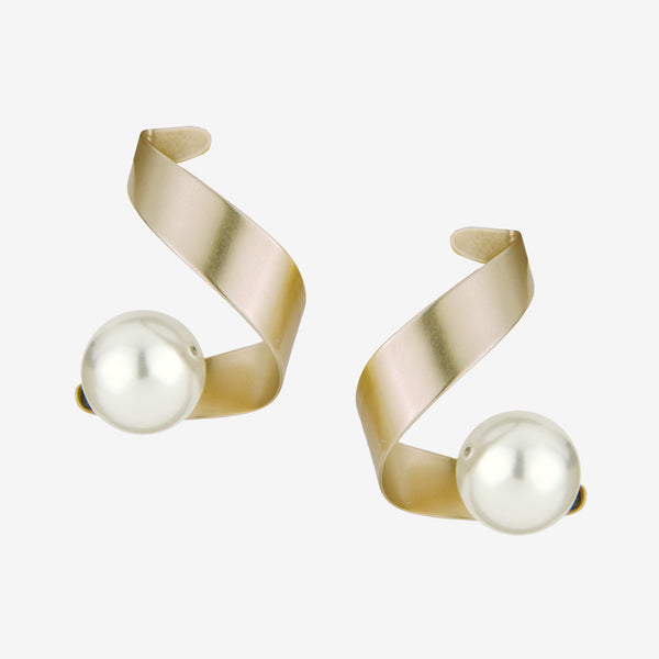 Marjorie Baer Post Earrings: Curl with Cream Pearl Drop, Brass