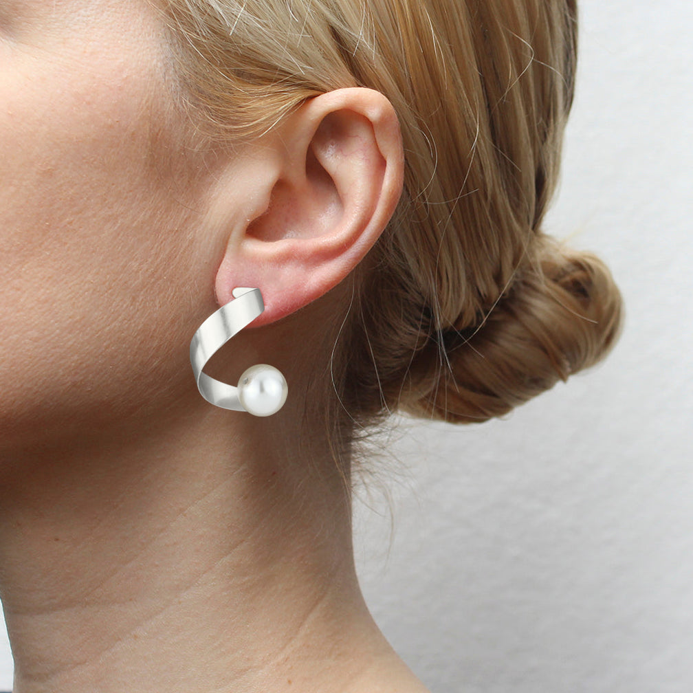 Marjorie Baer Post Earrings: Curl with Cream Pearl Drop, Silver