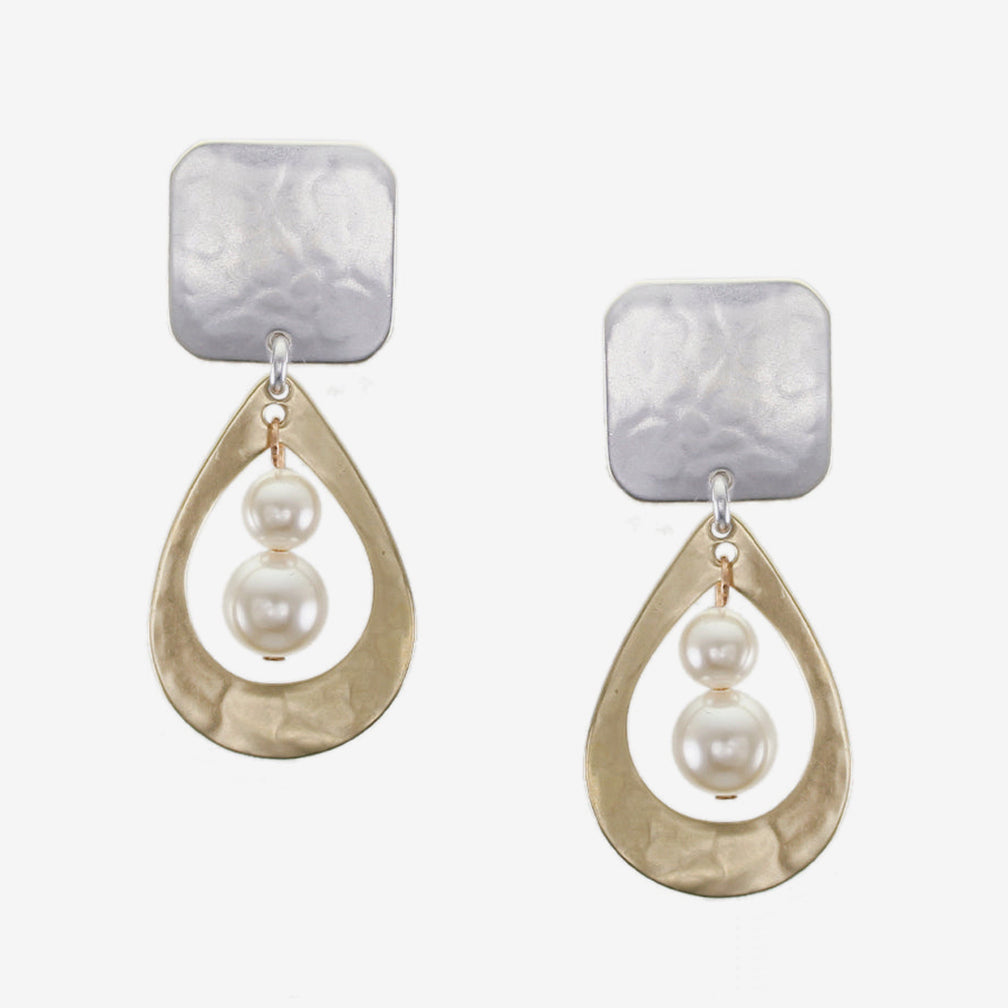 Marjorie Baer Post Earrings: Square and Cutout Teardrop with Two Cream Pearls