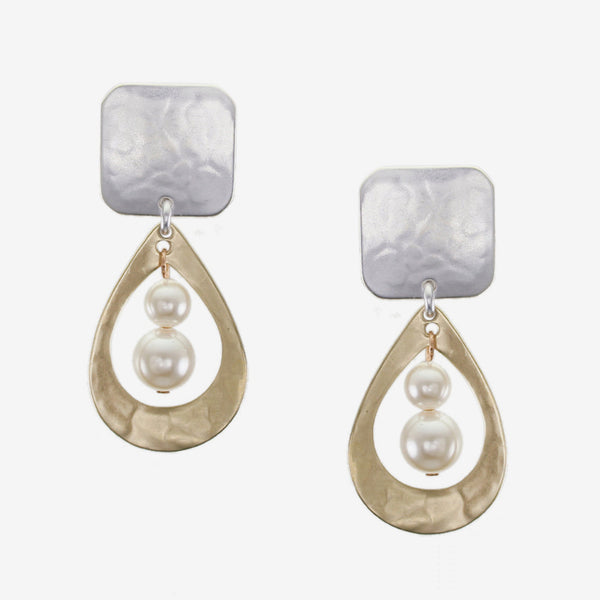 Marjorie Baer Clip Earrings: Square and Cutout Teardrop with Two Cream Pearls