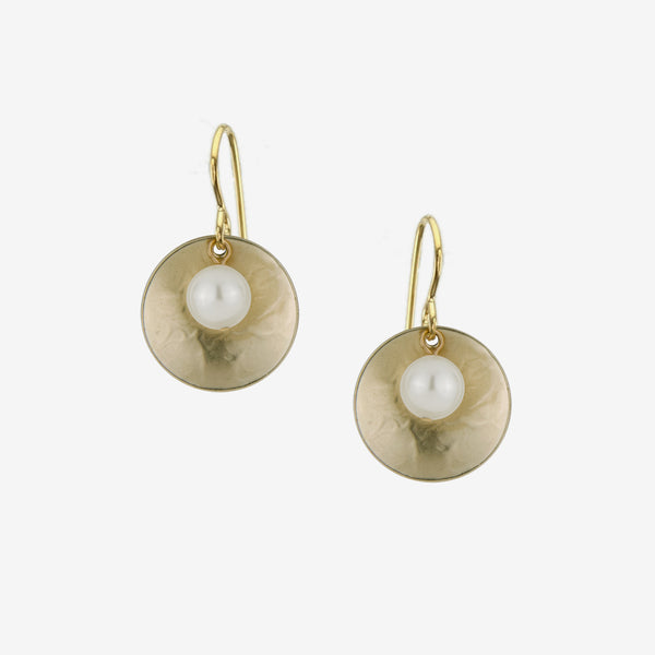 Marjorie Baer Wire Earrings: Small Disc with Cream Pearl Drop, Brass