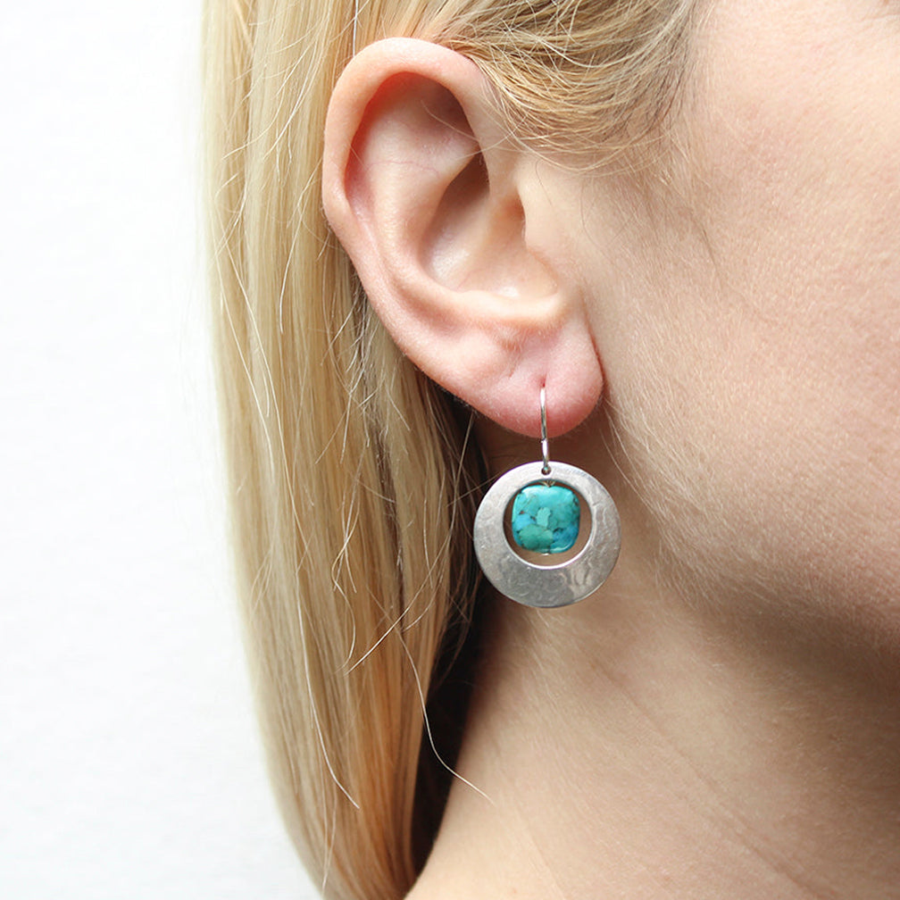 Marjorie Baer Wire Earrings: Cutout Disc with Square Turquoise Bead, Silver