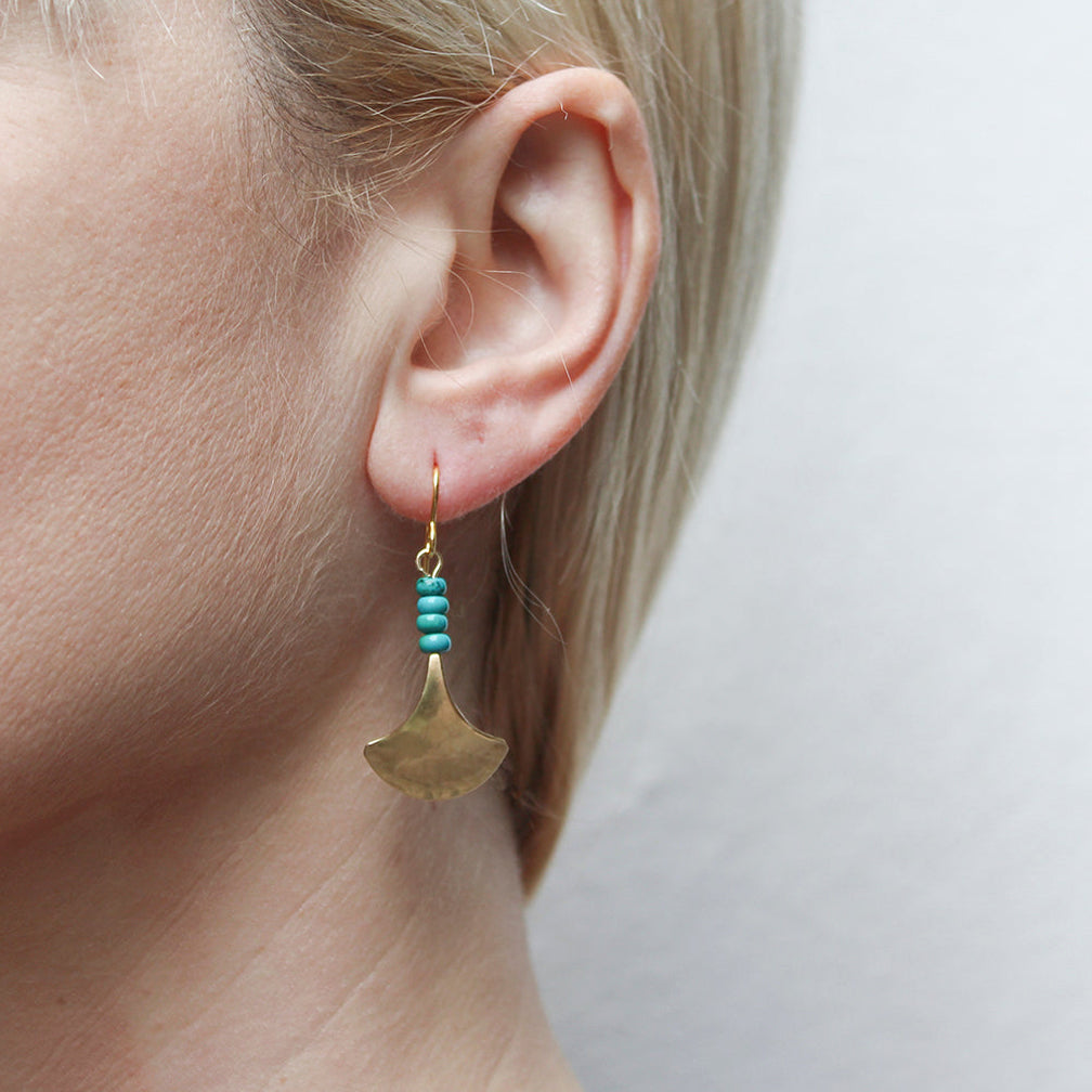Marjorie Baer Wire Earrings: Gingko Leaf with Turquoise Bead Stack, Brass