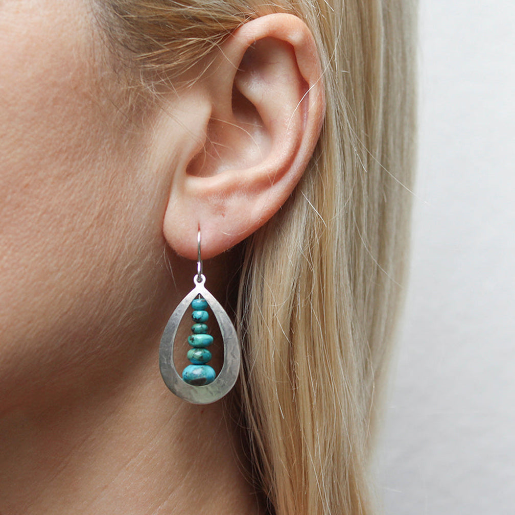 Marjorie Baer Wire Earrings: Cutout Teardrop with Turquoise Bead Stack, Silver