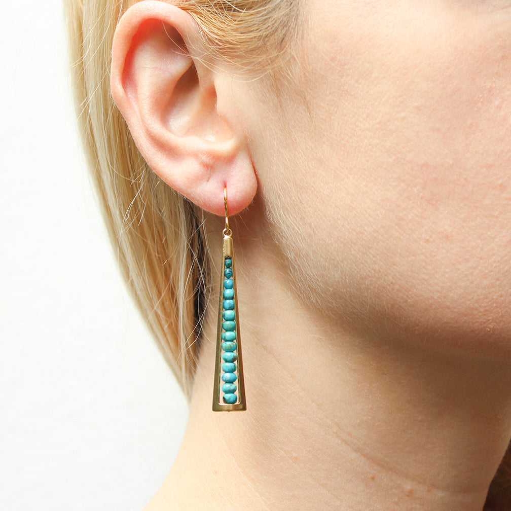 Marjorie Baer Wire Earrings: Long Cutout with Turquoise Bead Stack, Brass