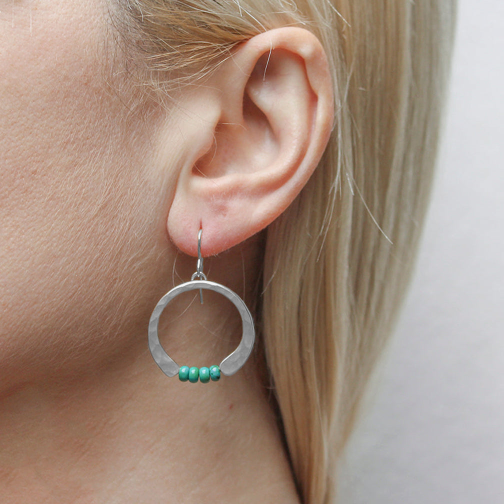Marjorie Baer Wire Earrings: Crescent with Turquoise Beads, Silver