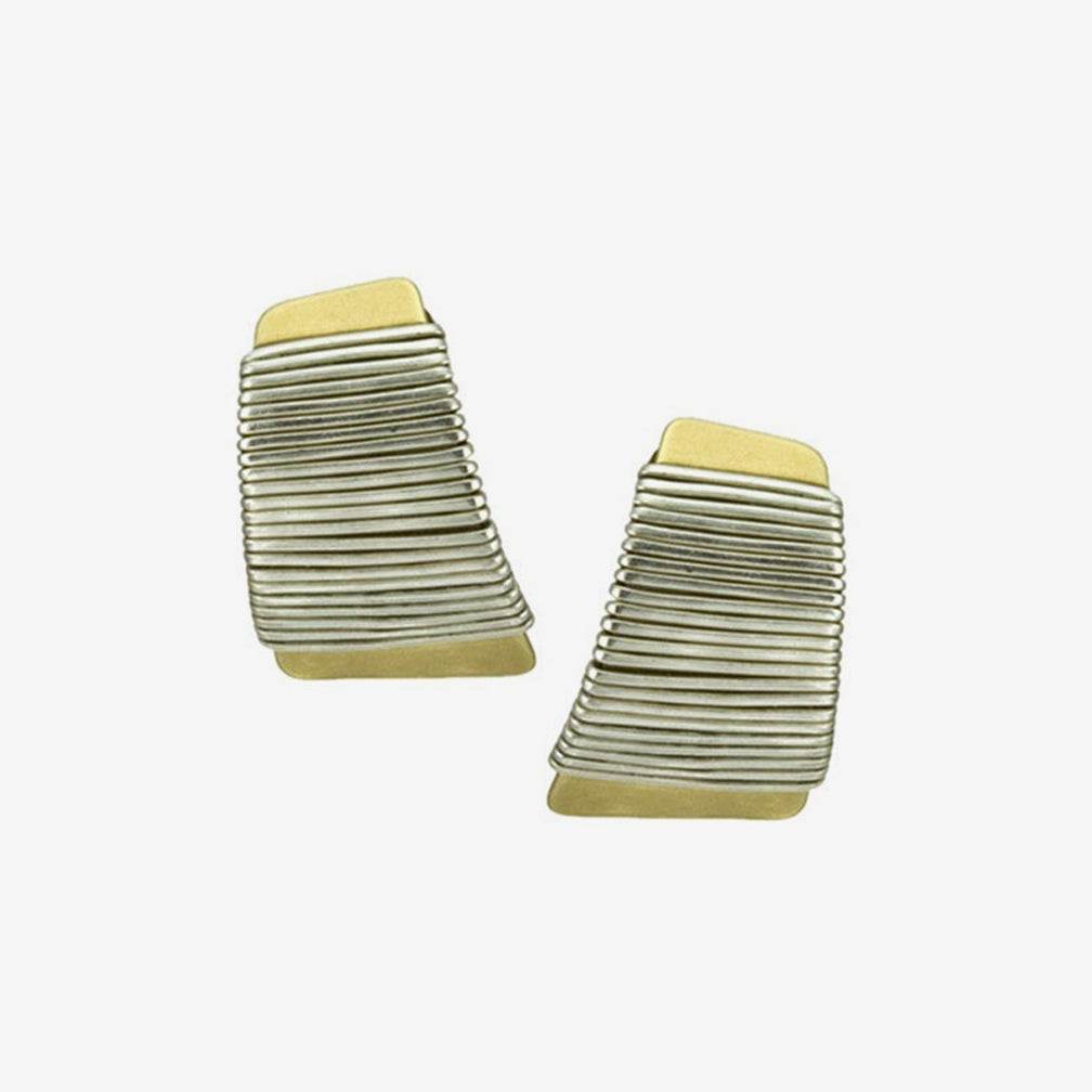 Marjorie Baer Clip Earrings: Wire-Wrapped Tapered Rectangle, Brass with Silver Wire-Wrapping