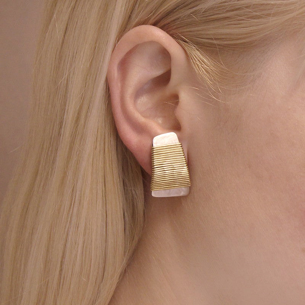 Marjorie Baer Clip Earrings: Wire-Wrapped Tapered Rectangle, Silver with Brass Wire-Wrapping