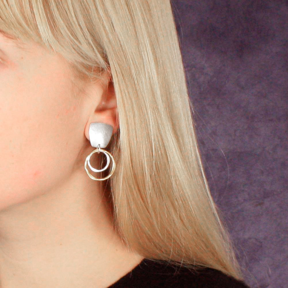 Marjorie Baer Post Earrings: Tapered Square with Two Tiered Rings