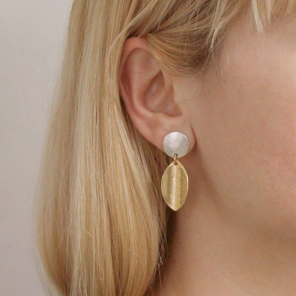 Marjorie Baer Post Earrings: Disc Linked with Concave Leaf