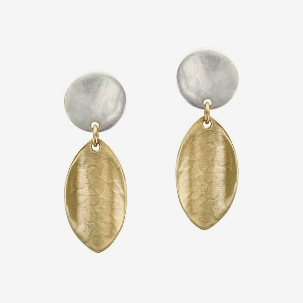 Marjorie Baer Post Earrings: Disc Linked with Concave Leaf