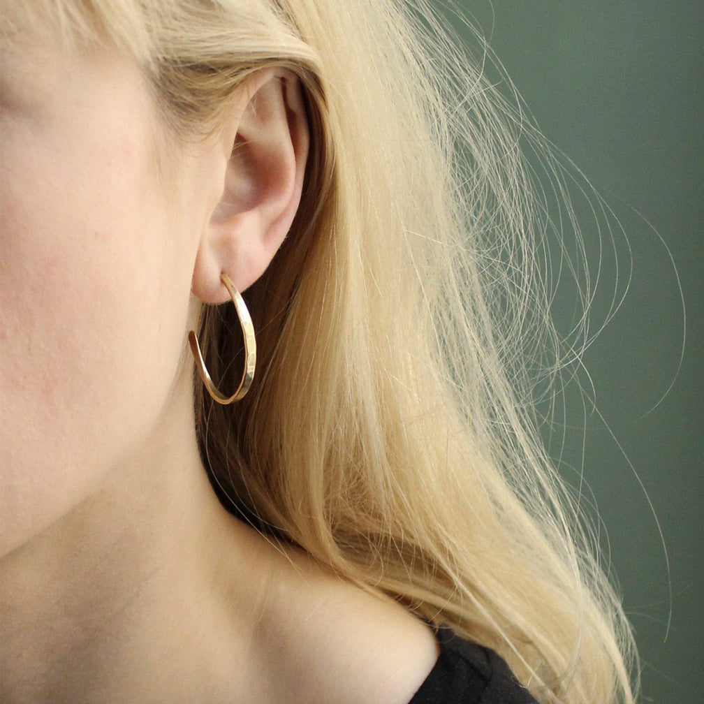 Marjorie Baer Post Earrings: Hammered Hoop: Brass