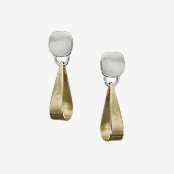 Marjorie Baer: Post Earrings: Small Rounded Square with Long Loop: Brass and Silver