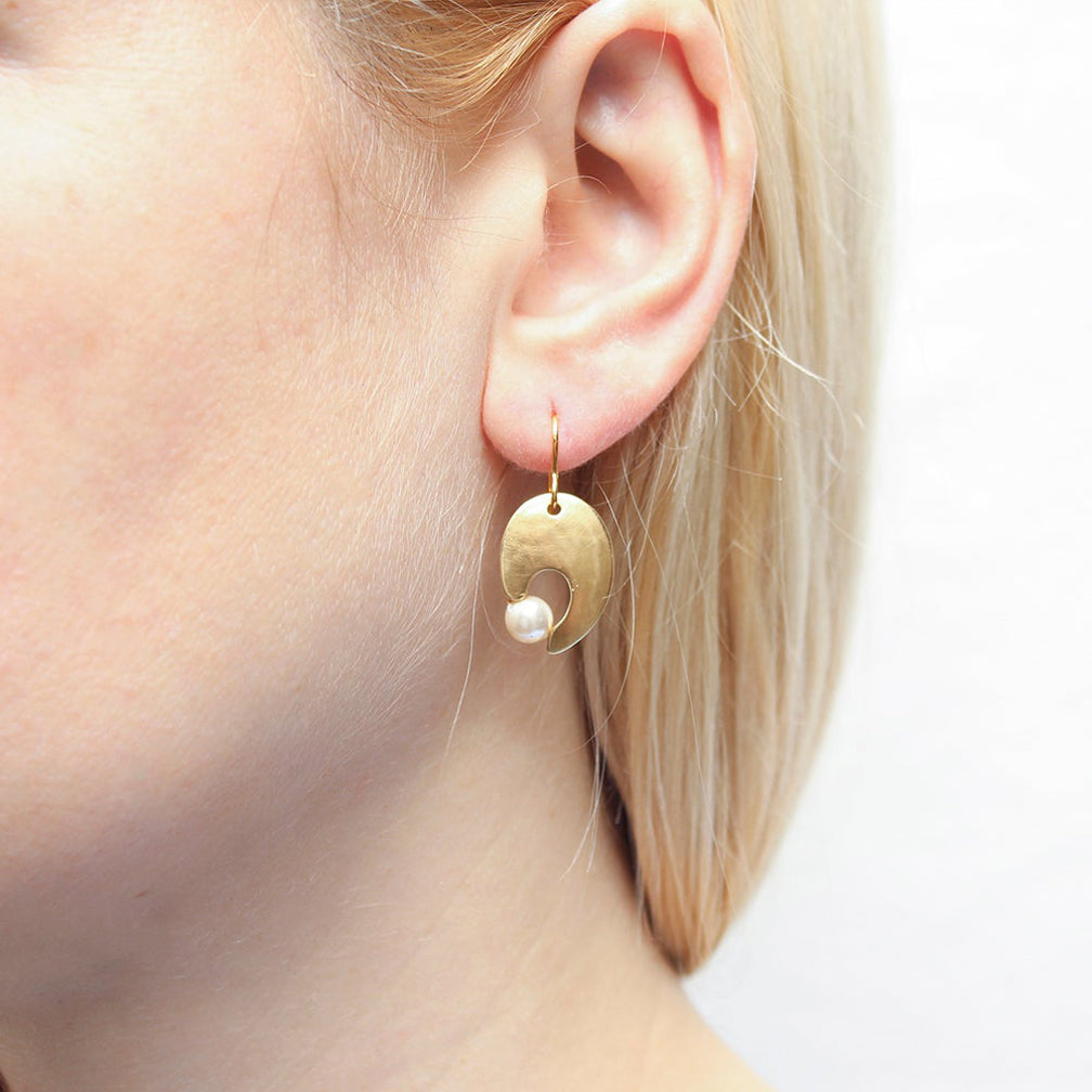 Marjorie Baer Wire Earrings: Cutout Leaf with Cream Pearl