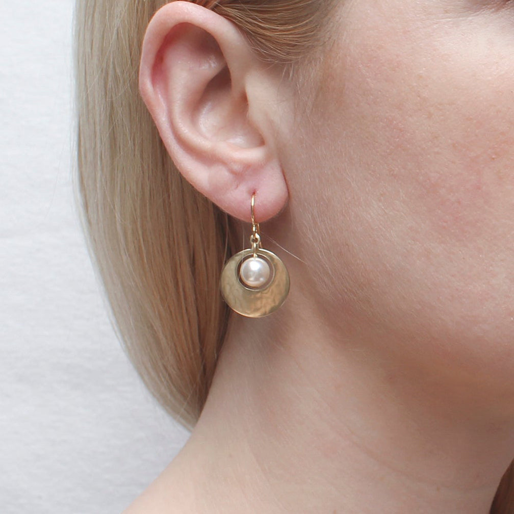 Marjorie Baer Wire Earrings: Small Cutout Disc with Cream Pearl