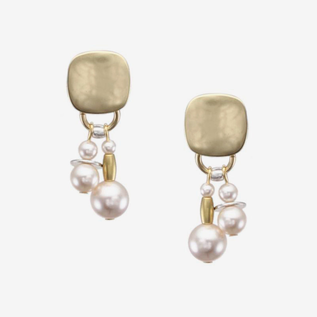 Marjorie Baer Post Earrings: Rounded Square with Cream Pearls, Flat Discs and Beads