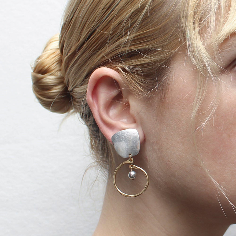 Marjorie Baer Clip Earrings: Tapered Square with Large Hammered Spiral and Grey Pearl