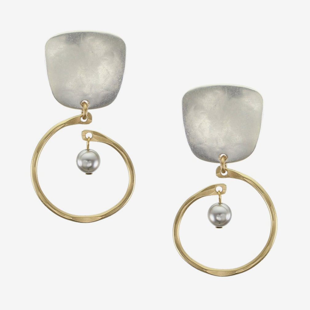 Marjorie Baer Clip Earrings: Tapered Square with Large Hammered Spiral and Grey Pearl
